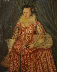 Retrato de una dama, tres cuartos de longitud, en un vestido rojo y blanco, sosteniendo guantes y un abanico